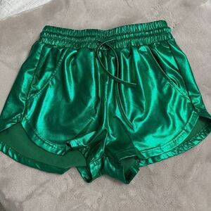 Green metallic women's shorts w front pockets & elasticized drawstring waist- S